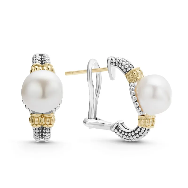 Luna Two-Tone Pearl Huggie Earrings sold by LAGOS