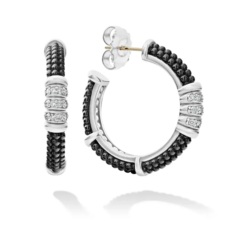 Black Caviar Ceramic Beaded Diamond Hoop Earrings sold by LAGOS