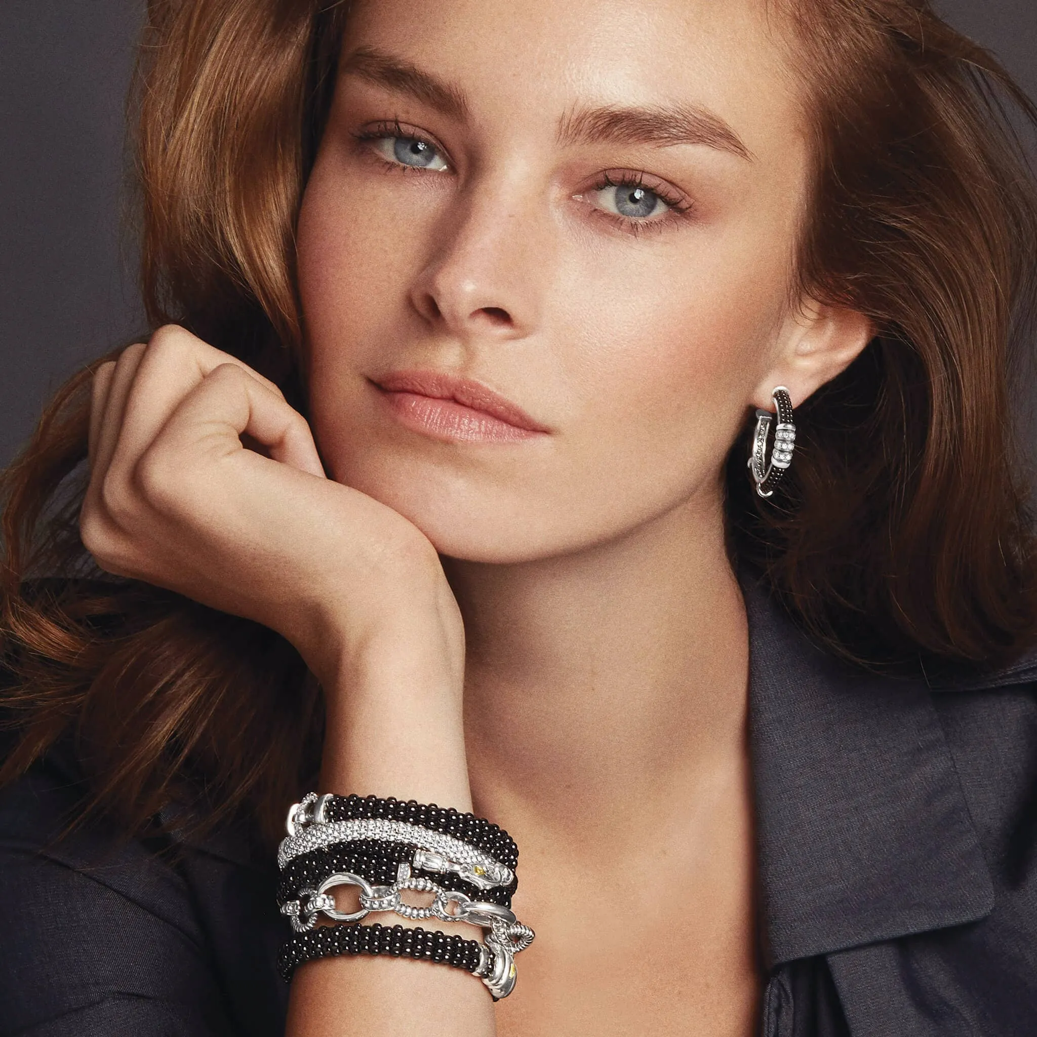 Black Caviar Ceramic Beaded Diamond Hoop Earrings sold by LAGOS product image thumbnail 5