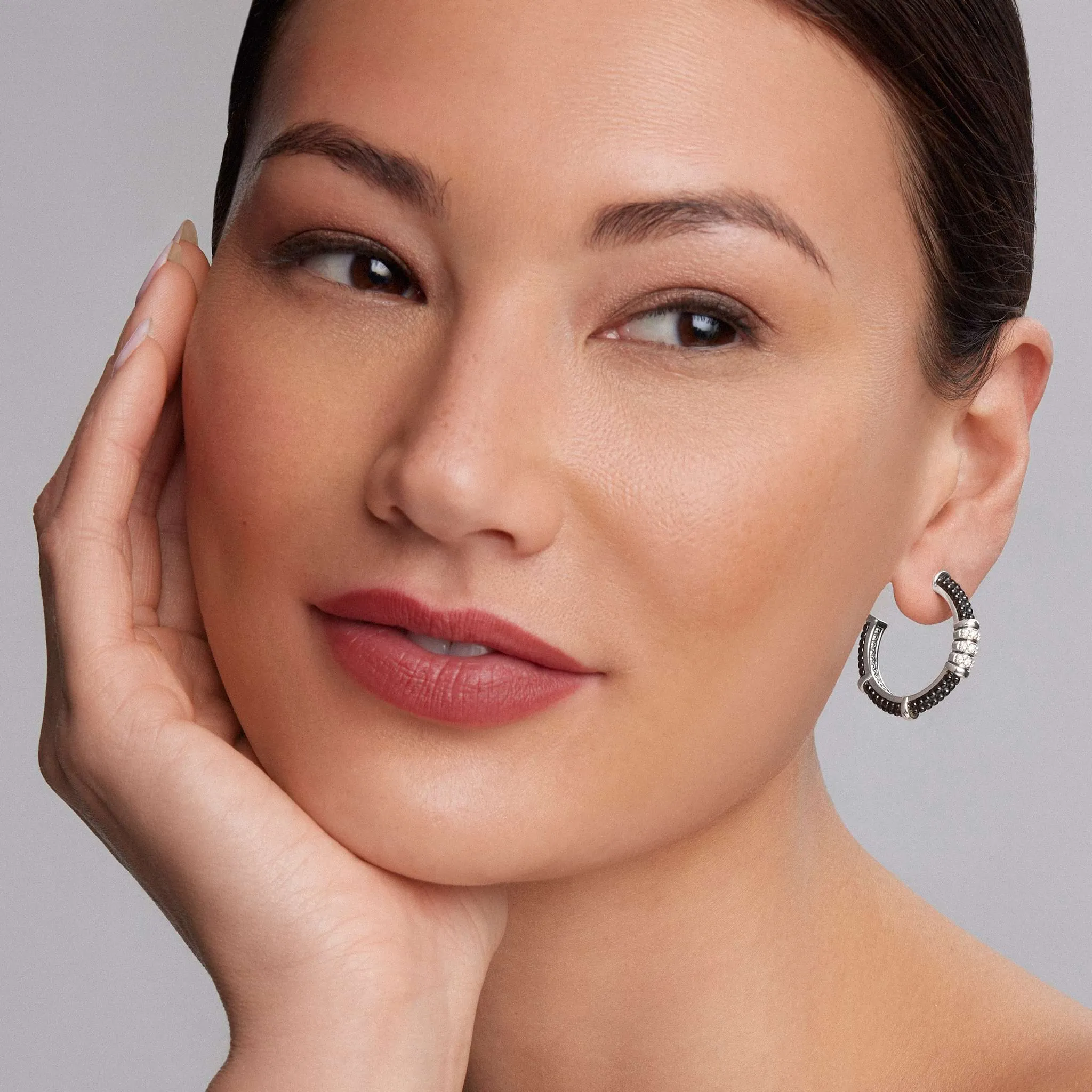 Black Caviar Ceramic Beaded Diamond Hoop Earrings sold by LAGOS product image thumbnail 2