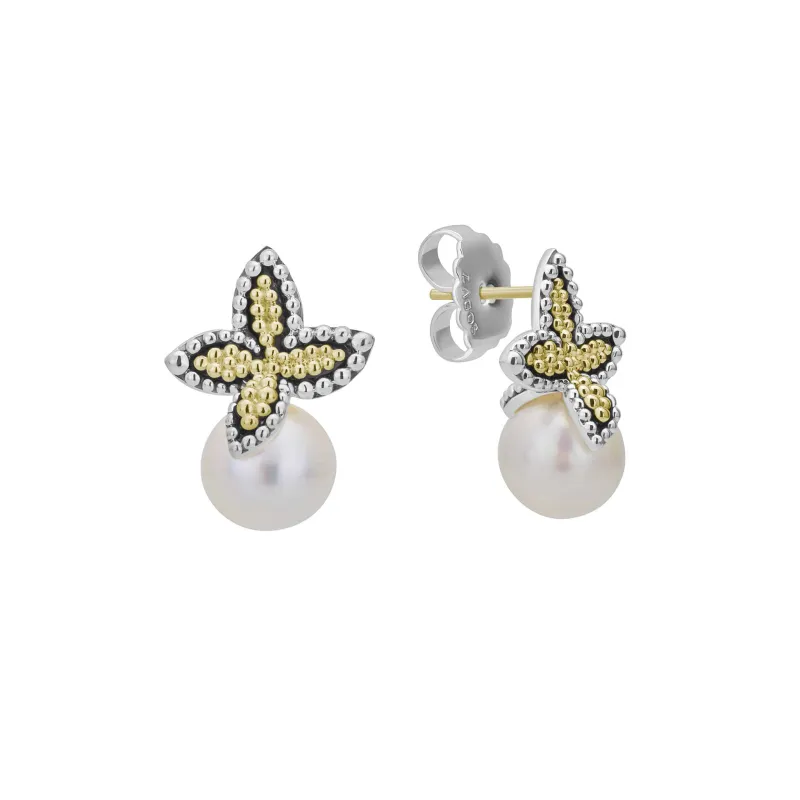 Luna Two-Tone Caviar Floral Pearl Earrings sold by LAGOS