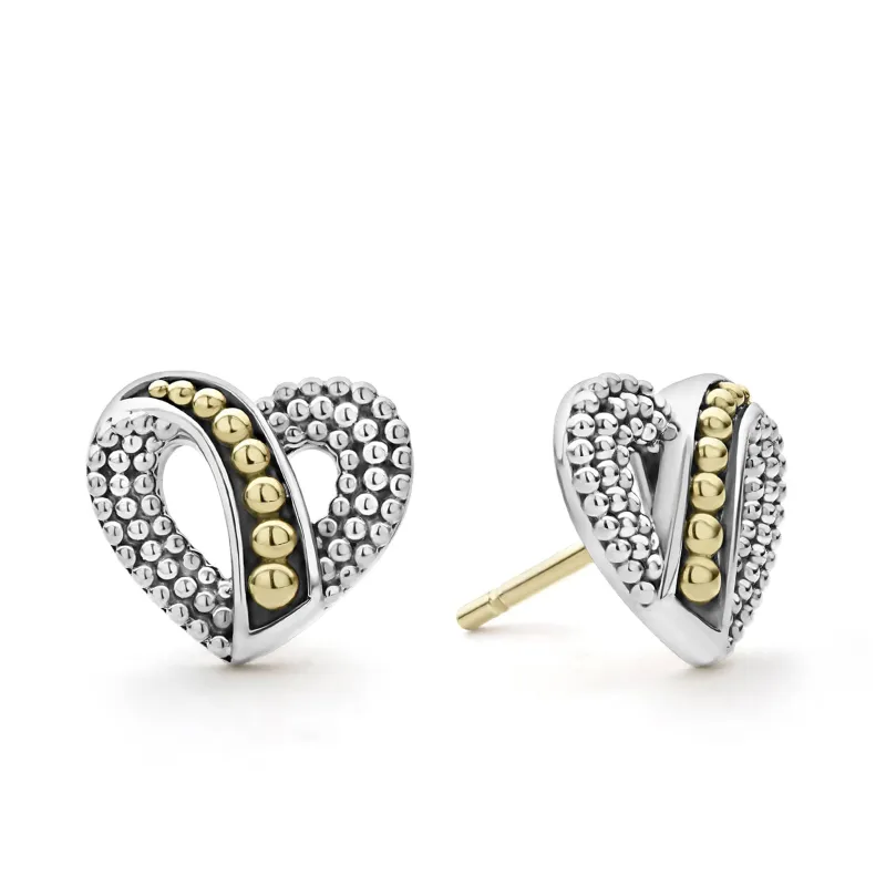 Signature Caviar Two-Tone Beaded Heart Stud Earrings sold by LAGOS