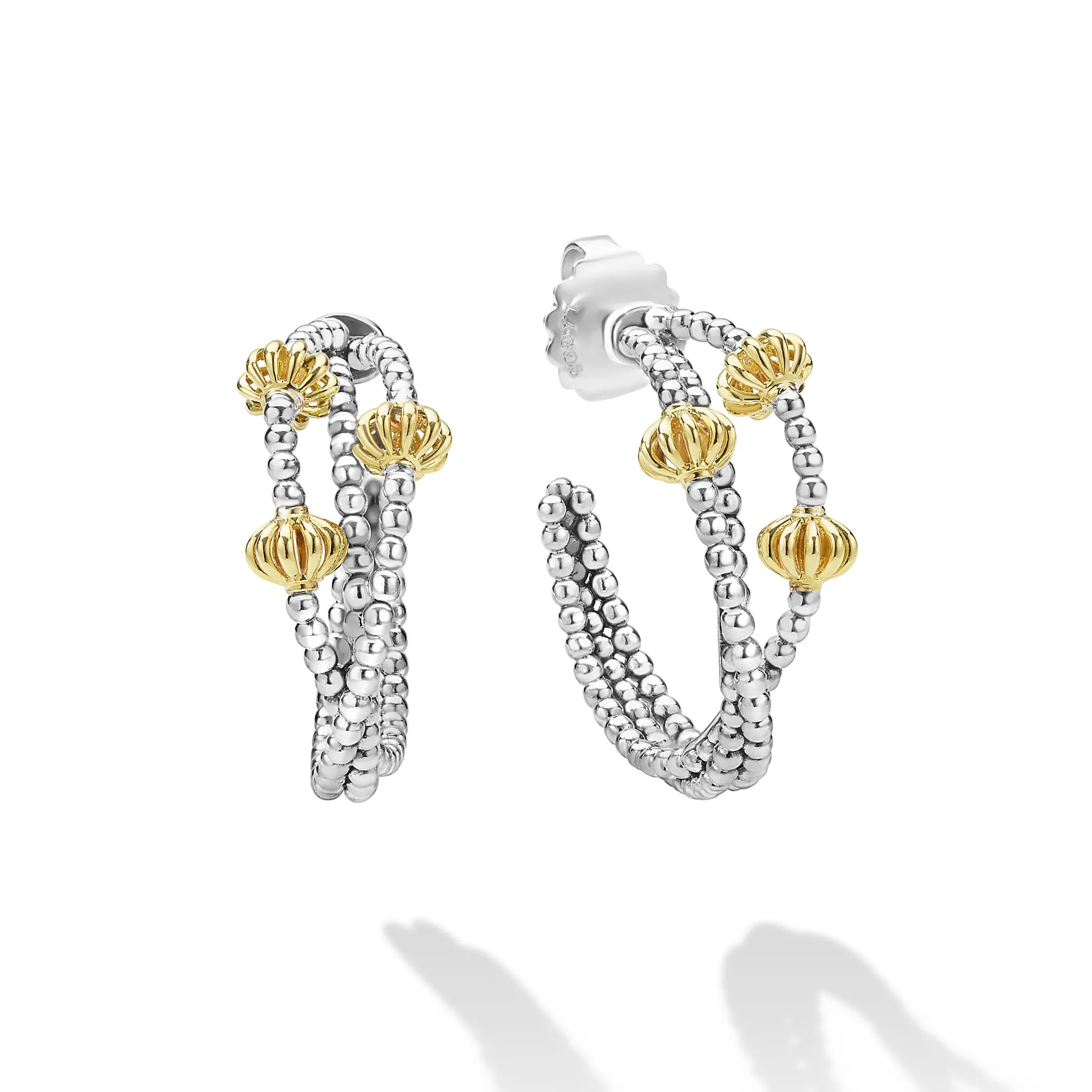 Caviar Icon Sterling Silver & 18K Gold Beaded Triple Hoop Earrings sold by LAGOS product image thumbnail 3