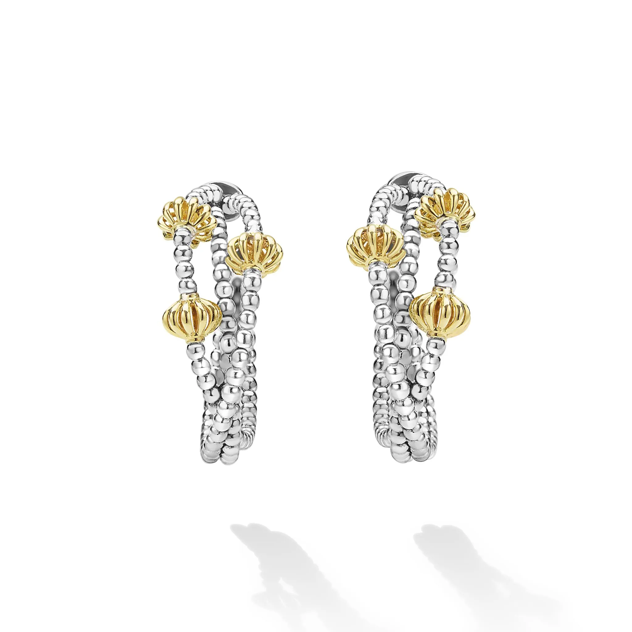 Caviar Icon Sterling Silver & 18K Gold Beaded Triple Hoop Earrings sold by LAGOS product image thumbnail 4