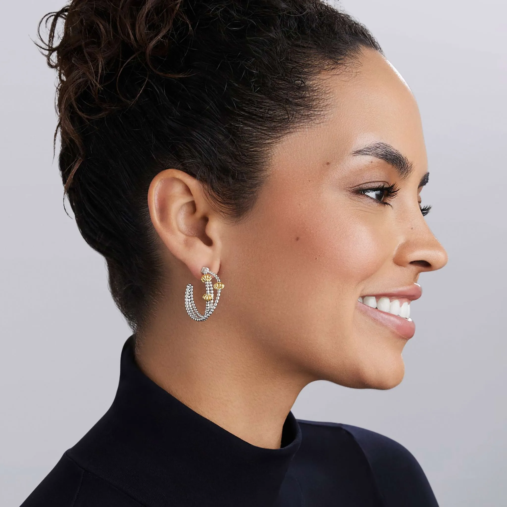 Caviar Icon Sterling Silver & 18K Gold Beaded Triple Hoop Earrings sold by LAGOS product image thumbnail 2