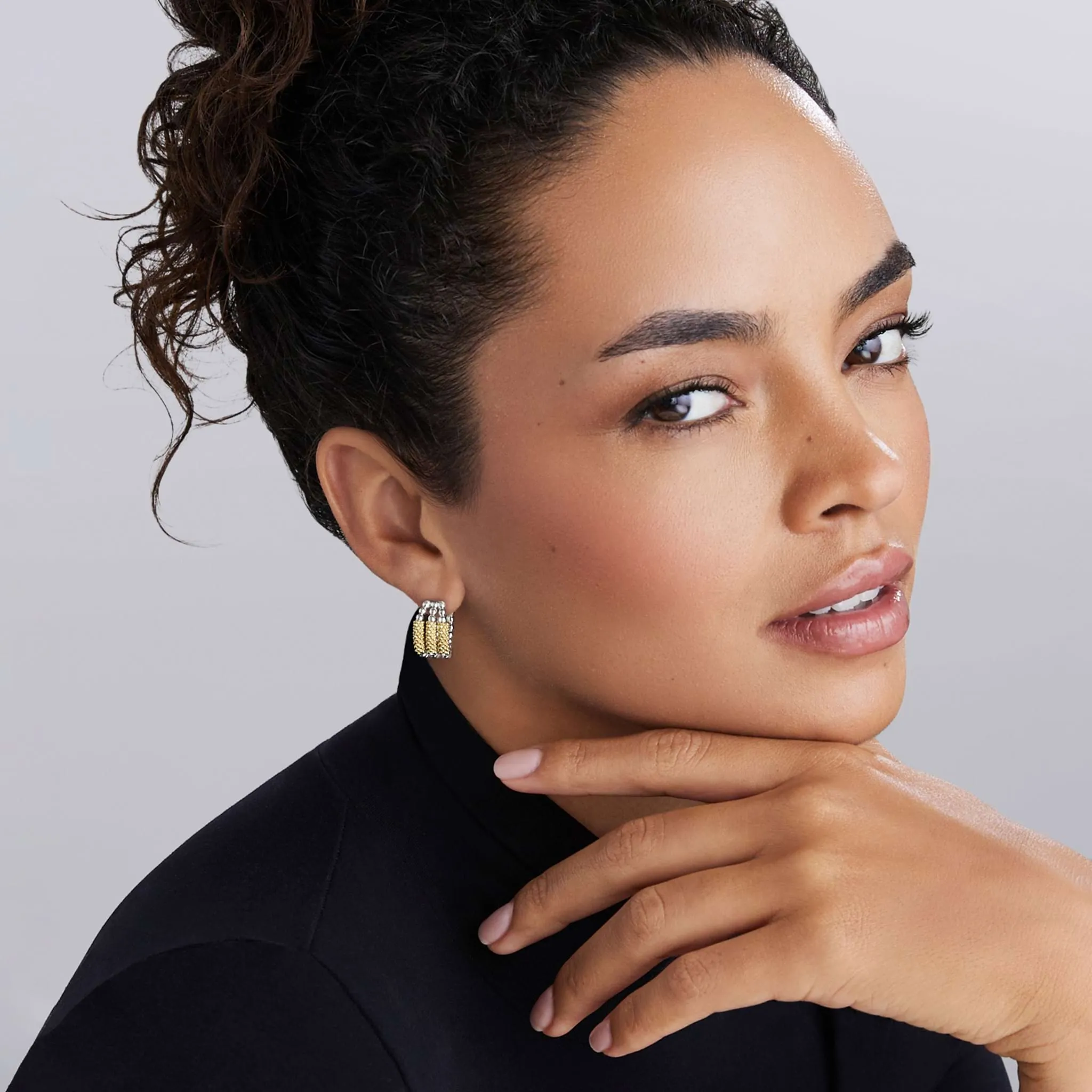 Caviar Icon Two-Tone Three Ring Caviar Gold Bar Huggie Earrings sold by LAGOS product image thumbnail 2