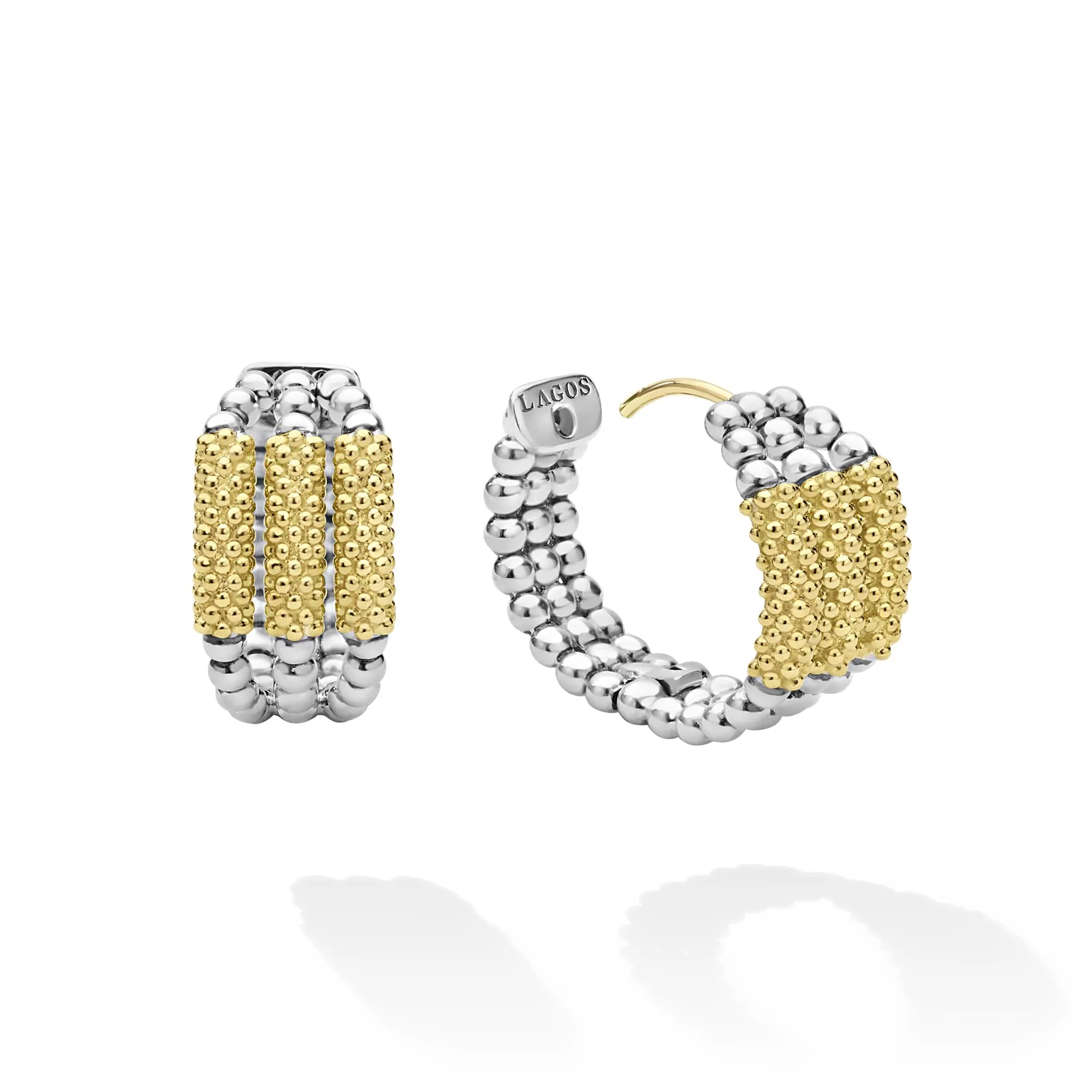 Caviar Icon Two-Tone Three Ring Caviar Gold Bar Huggie Earrings sold by LAGOS product image thumbnail 3