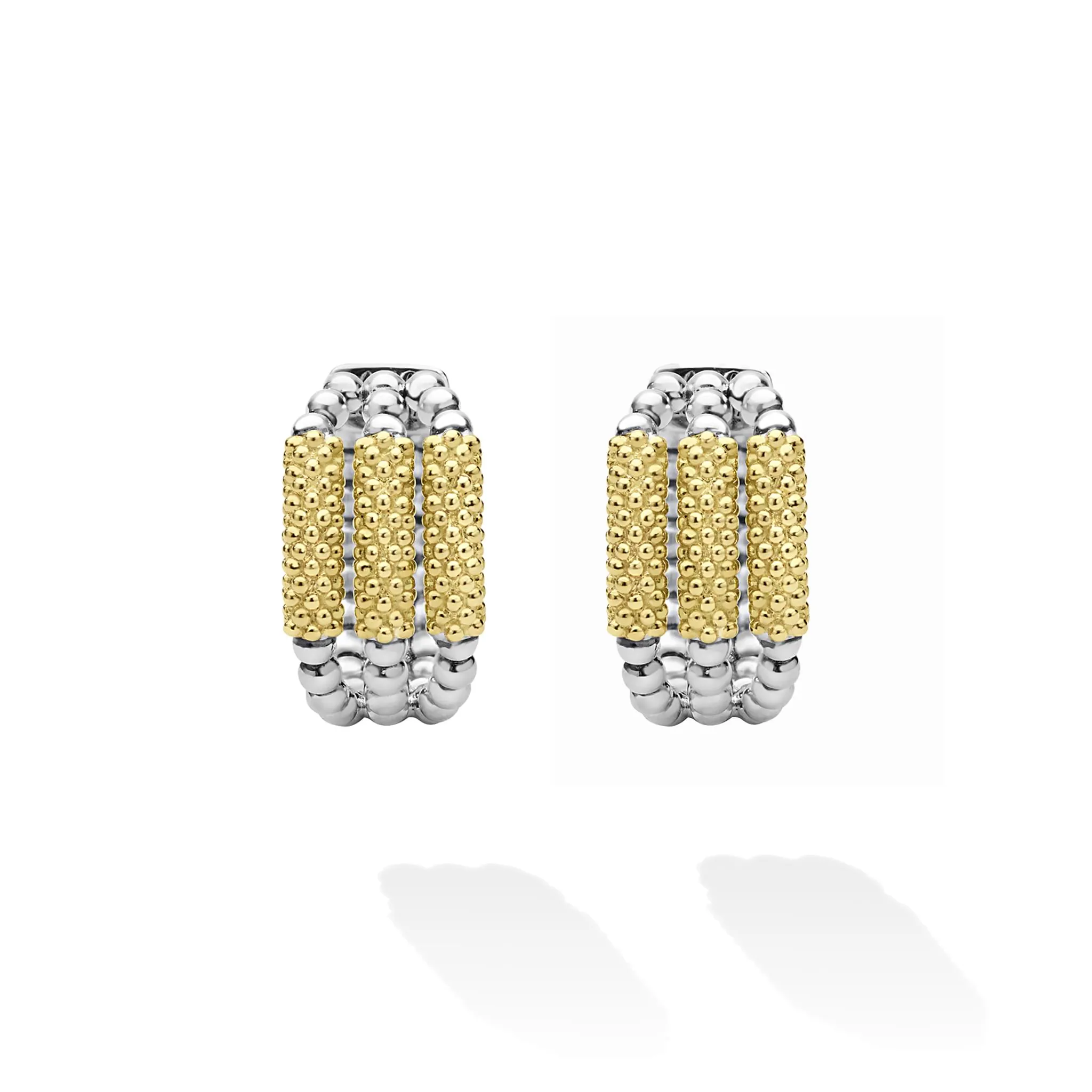 Caviar Icon Two-Tone Three Ring Caviar Gold Bar Huggie Earrings sold by LAGOS product image thumbnail 4