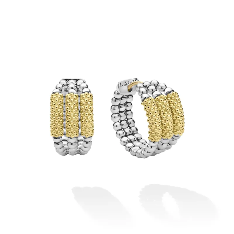Caviar Icon Two-Tone Three Ring Caviar Gold Bar Huggie Earrings sold by LAGOS