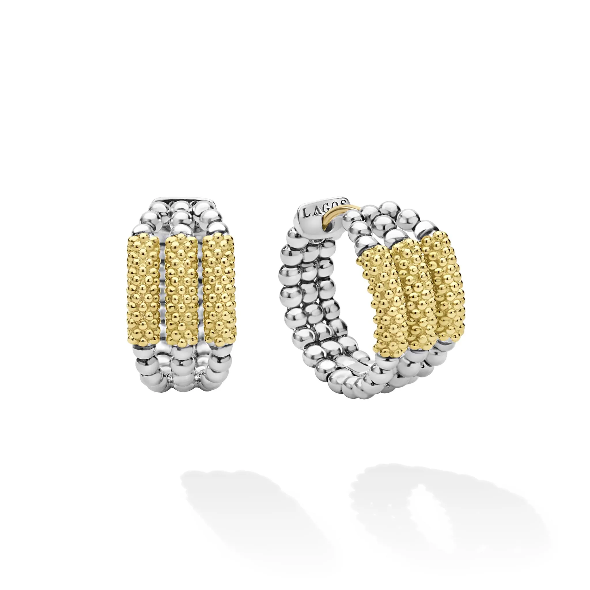 Caviar Icon Two-Tone Three Ring Caviar Gold Bar Huggie Earrings sold by LAGOS