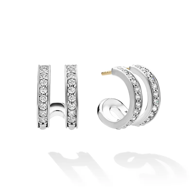 Caviar Spark Silver Linear Diamond Double Row Hoop Earrings sold by LAGOS