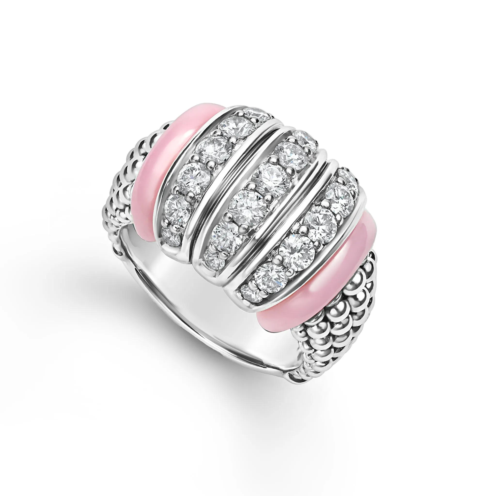 Caviar Color Sterling Silver and Pink Ceramic Large Three Link Diamond Ring sold by LAGOS