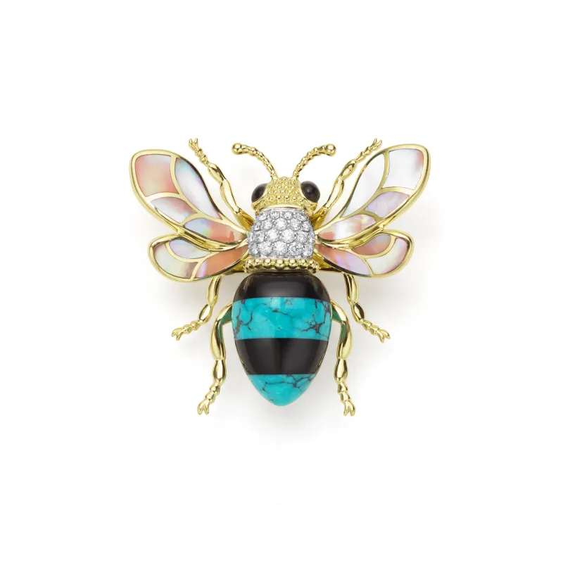 Rare Wonders 18K Gold Turquoise and Onyx Honeybee Pin made by LAGOS