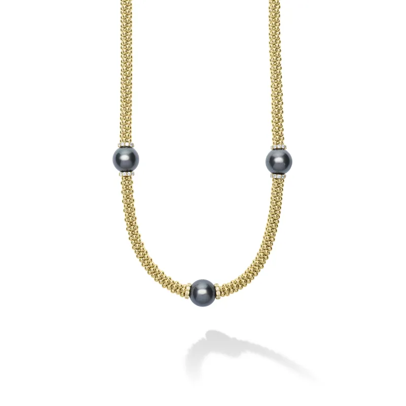 Luna 18K Gold Three Station Black Pearl Necklace | 18 in sold by LAGOS