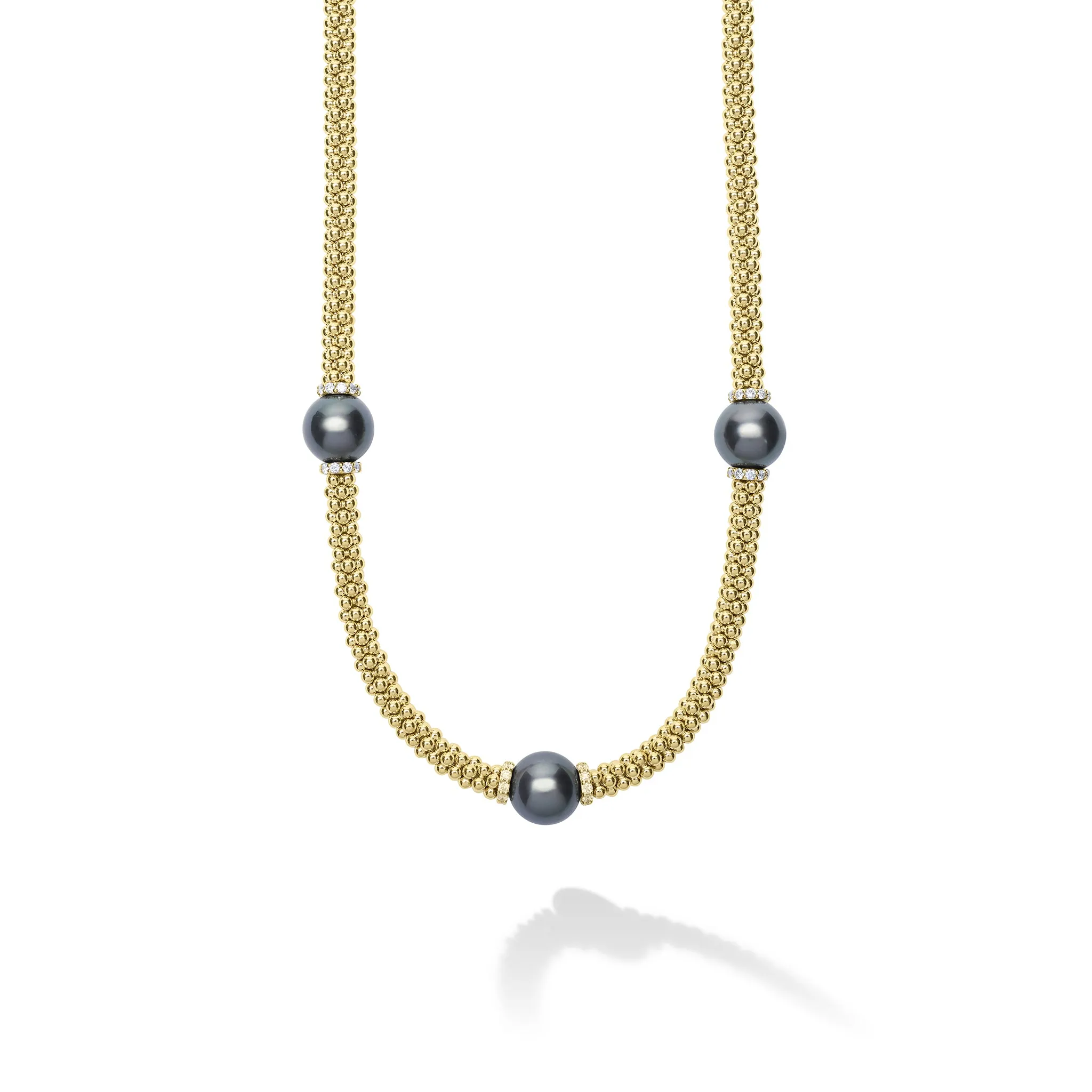 Luna 18K Gold Three Station Black Pearl Necklace | 18 in sold by LAGOS