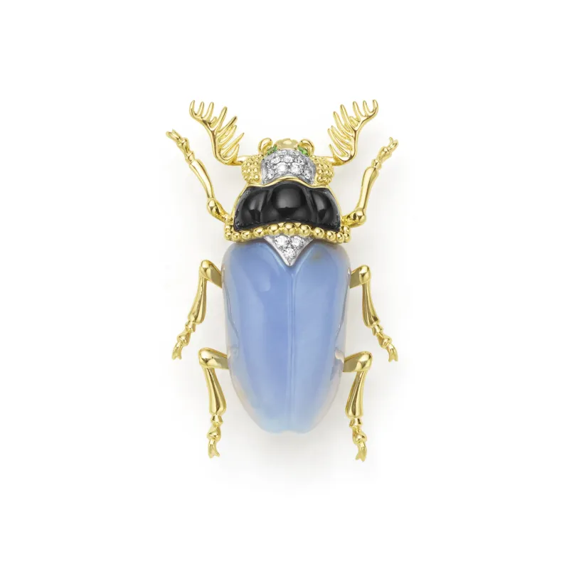 Rare Wonders 18K Gold Blue Chalcedony and Onyx Beetle Pin made by LAGOS