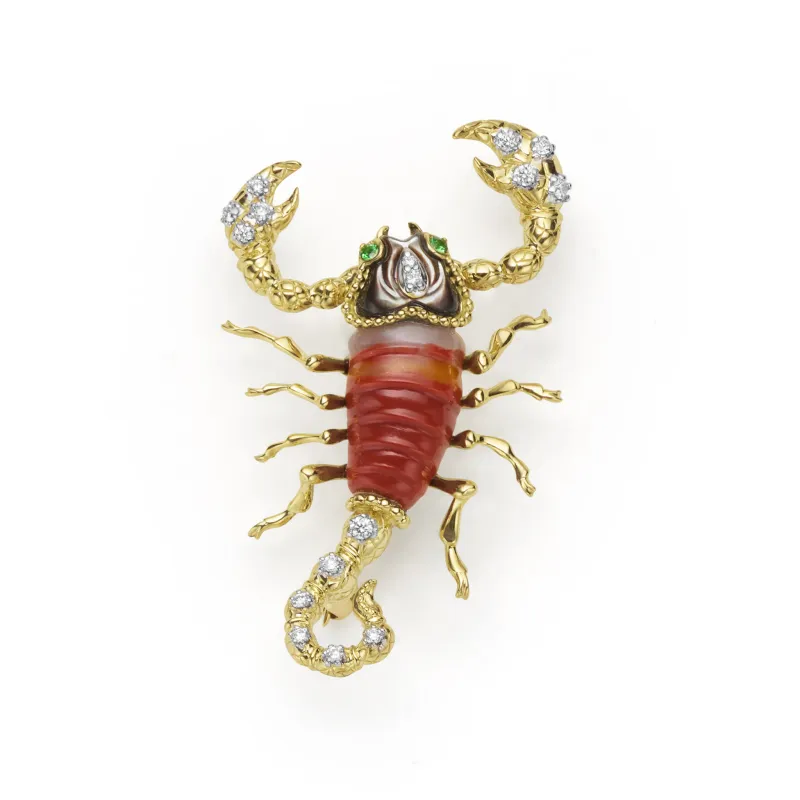Rare Wonders 18k Gold Tri-Color Agate and Diamond Scorpion Pin made by LAGOS