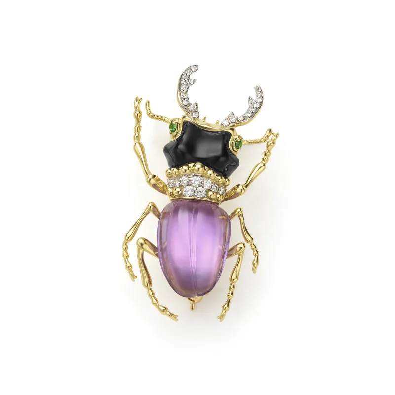 Rare Wonders 18K Gold Amethyst and Onyx Stag Beetle Pin made by LAGOS