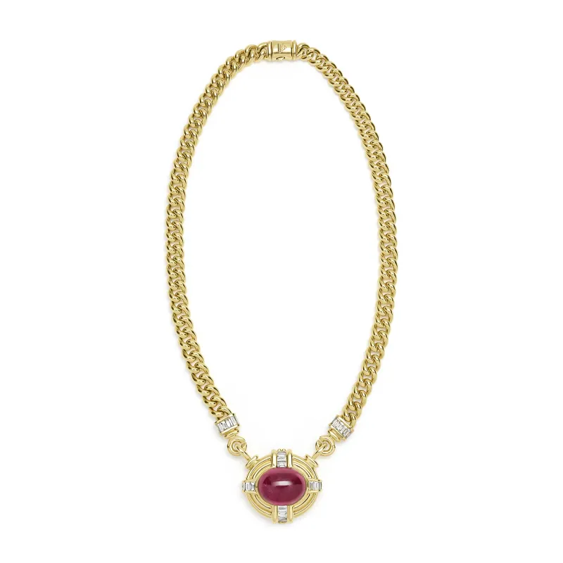 SML 18K Gold Rubellite Cabochon and Diamond Necklace made by LAGOS
