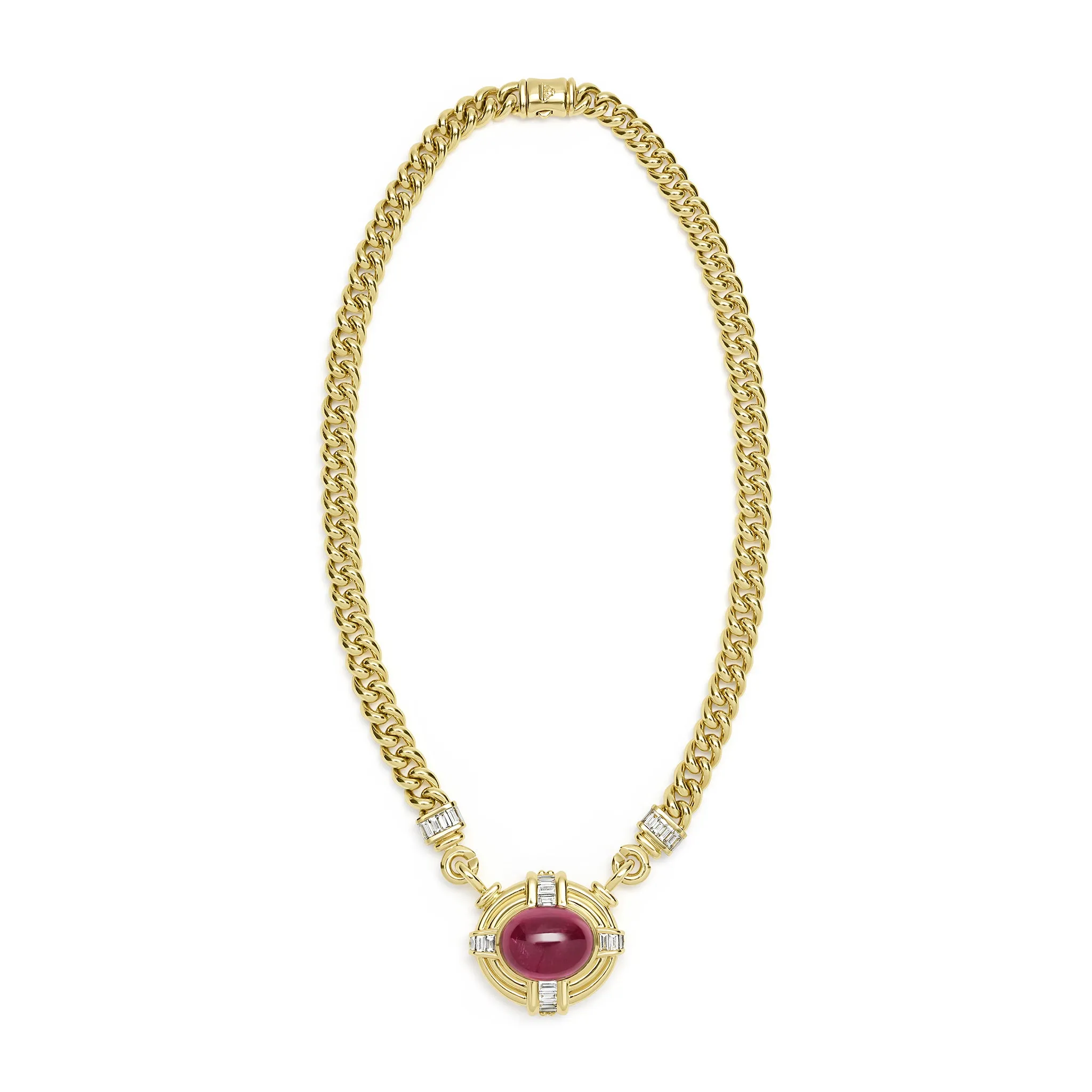 SML 18K Gold Rubellite Cabochon and Diamond Necklace sold by LAGOS