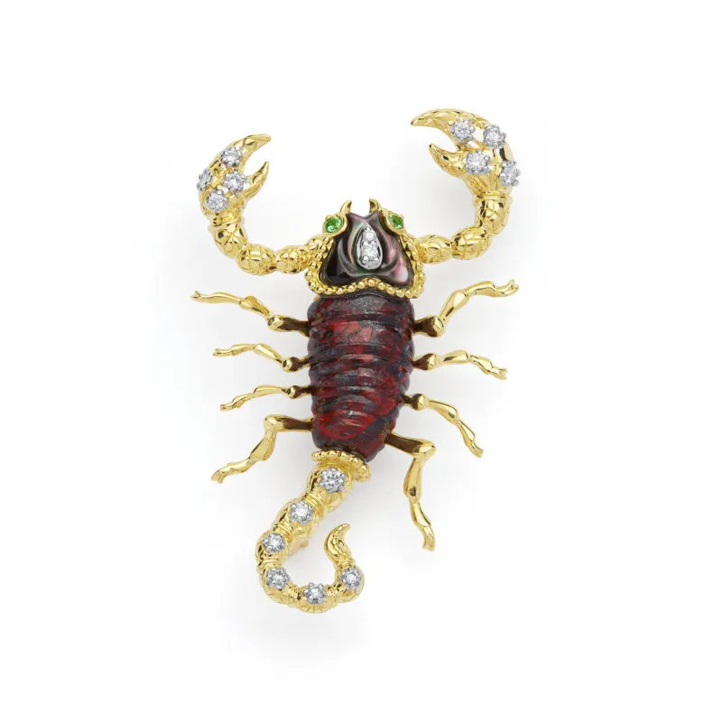 Rare Wonders 18k Gold Iddingsite and Diamond Scorpion Pin made by LAGOS