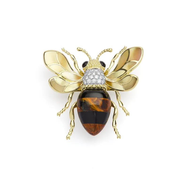 Rare Wonders 18K Gold Pietersite and Diamond Bee Pin made by LAGOS