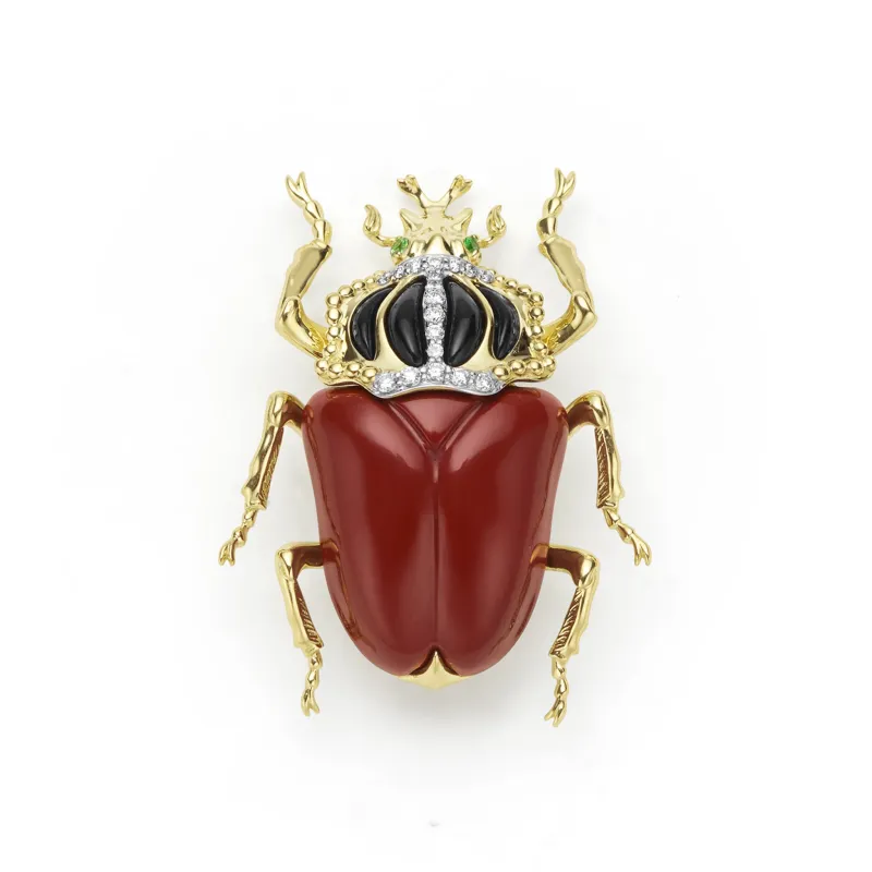 Rare Wonders 18K Gold Red Jasper and Onyx Goliath Beetle Pin made by LAGOS