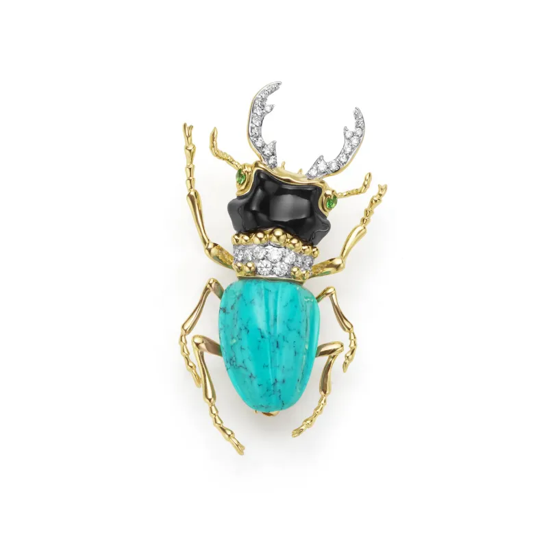 Rare Wonders 18K Gold Turquoise and Onyx Stag Beetle Pin made by LAGOS