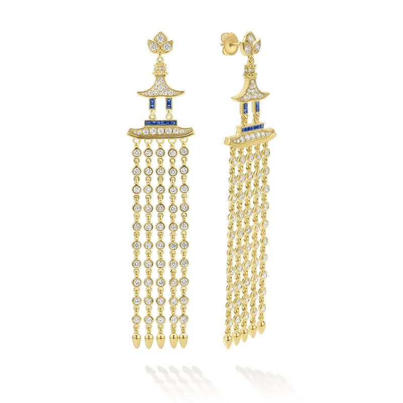 SML 18K Gold Pagoda Diamond and Sapphire Tassel Earring made by LAGOS