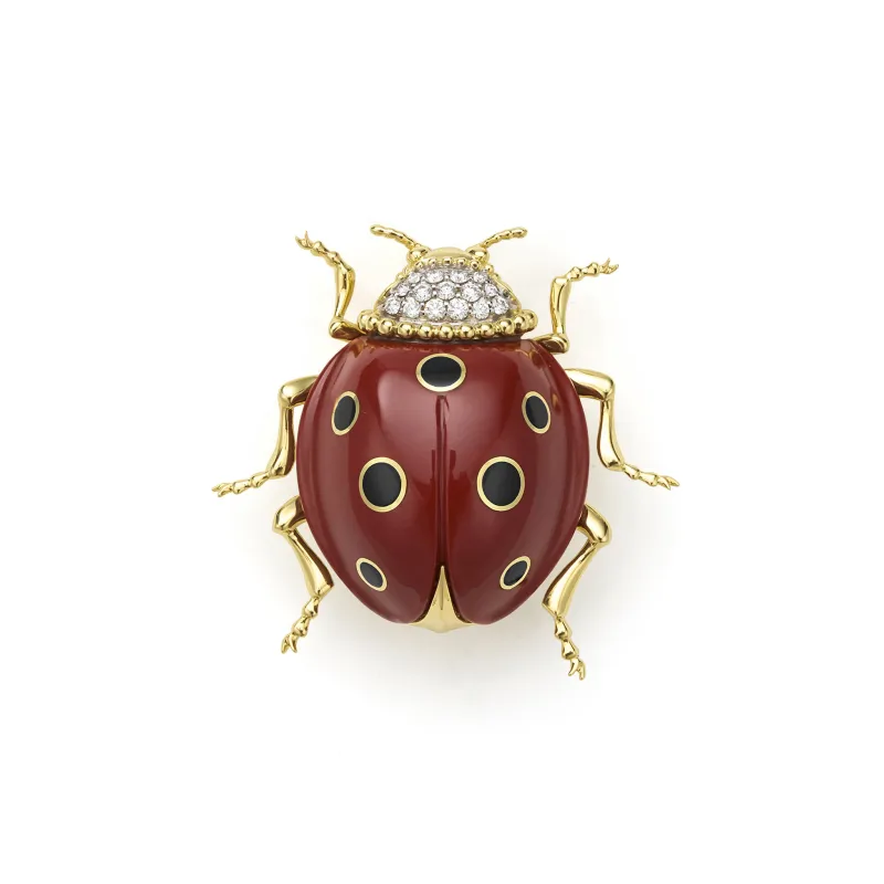 Rare Wonders 18K Gold Red Jade and Onyx Lady Bug Pin made by LAGOS