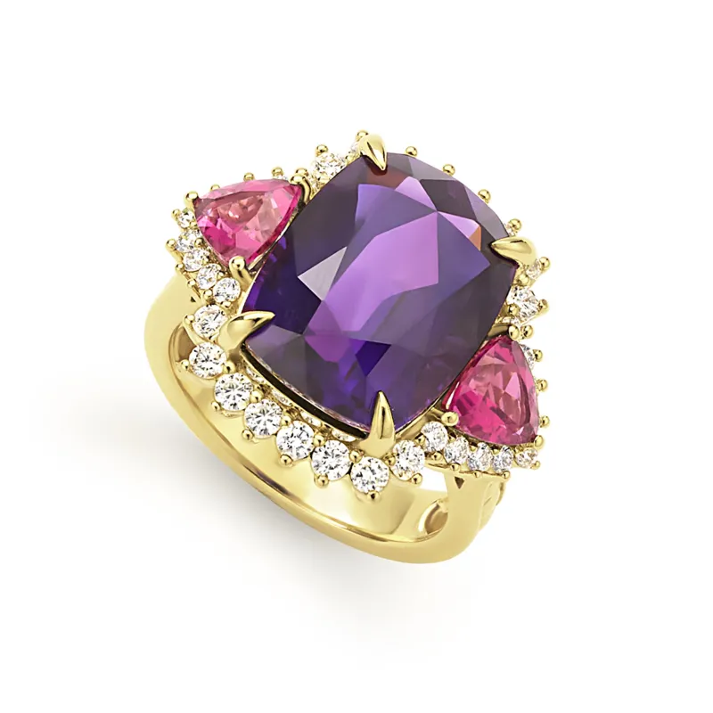 18K Gold Amethyst and Rubellite Statement Ring made by LAGOS