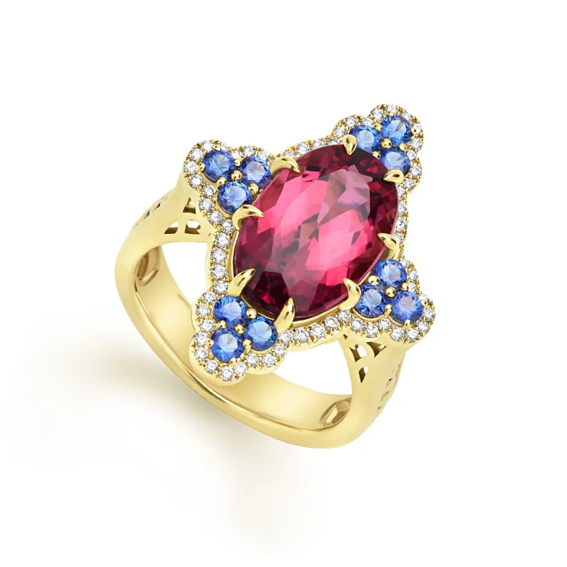 SML 18K Gold Pink Tourmaline and Sapphire Oval Statement Ring sold by LAGOS
