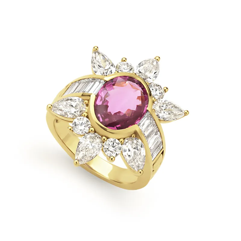 SML 18K Gold Pink Sapphire and Diamond Flower Ring sold by LAGOS
