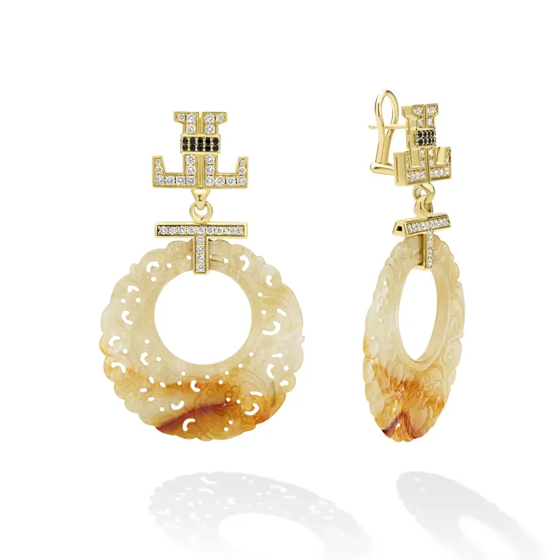SML 18K Gold Yellow Jade and Black Diamond Ornate Circle Earring made by LAGOS