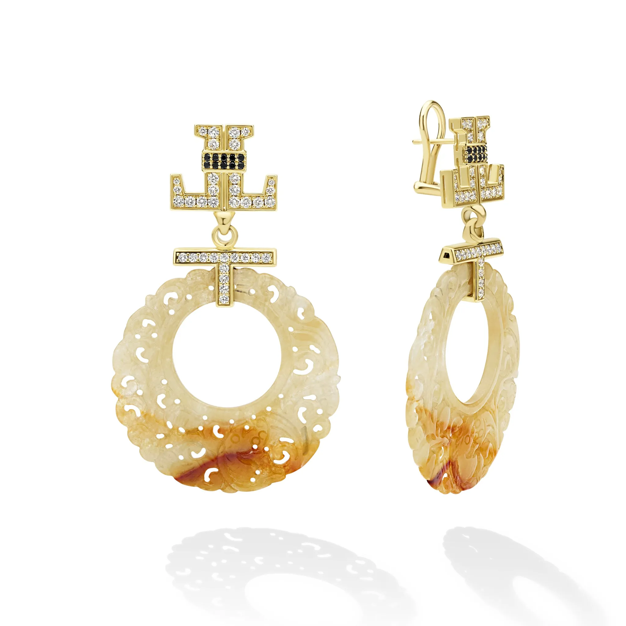 SML 18K Gold Yellow Jade and Black Diamond Ornate Circle Earring sold by LAGOS