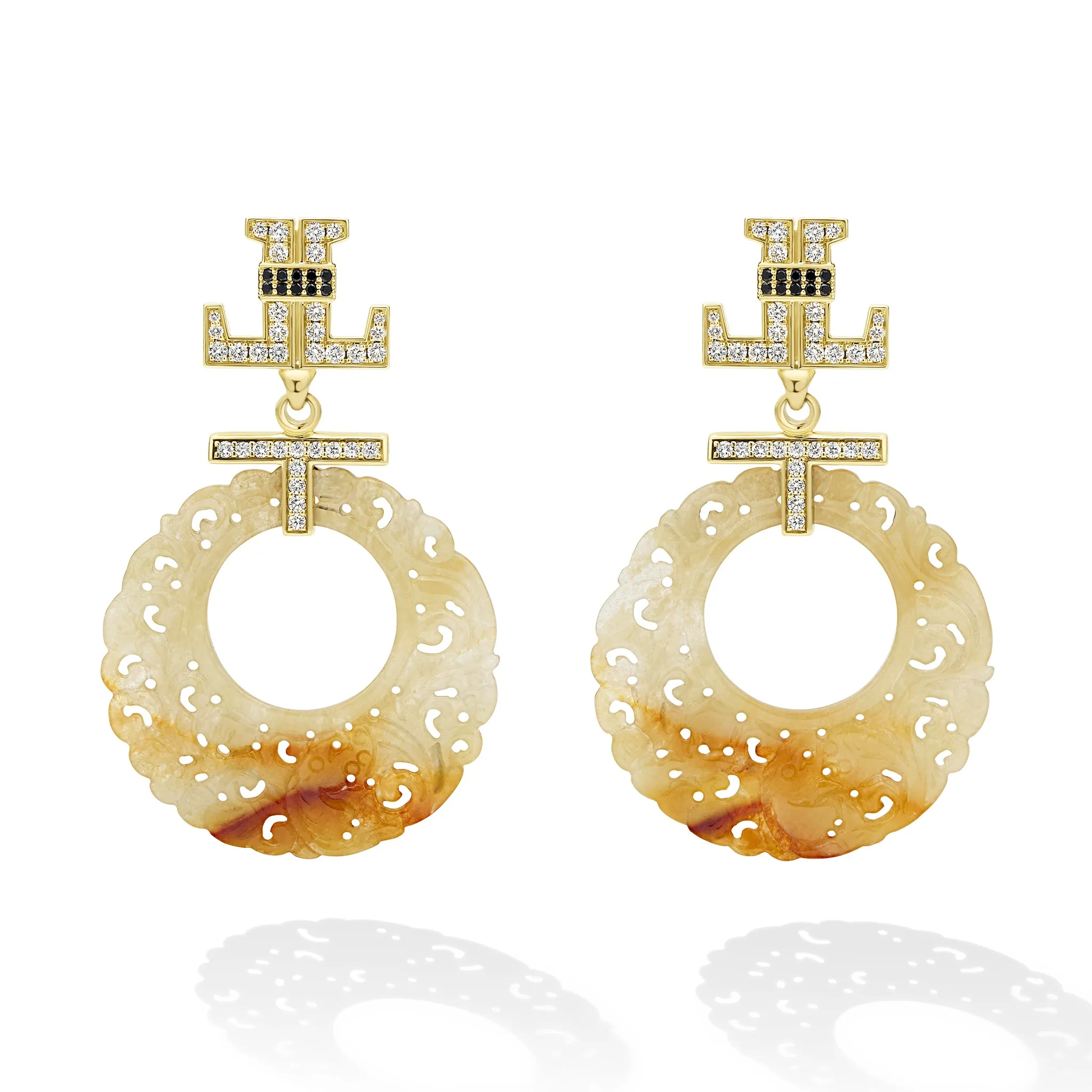 SML 18K Gold Yellow Jade and Black Diamond Ornate Circle Earring sold by LAGOS product image thumbnail 2