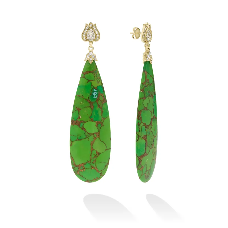 SML 18K Gold Diamond and Green Turquoise Lutus Drop Earring made by LAGOS