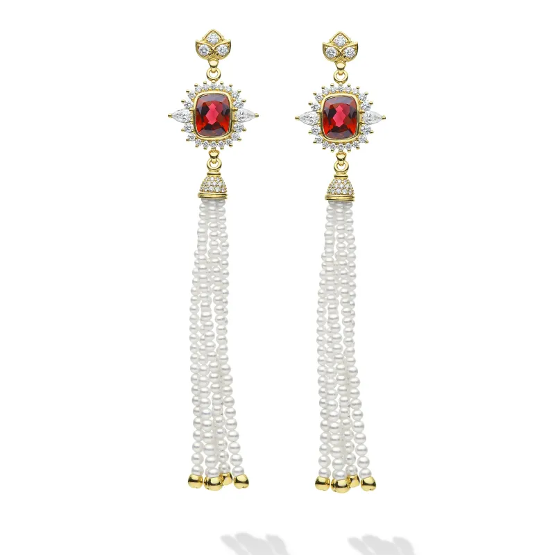 SML 18K Gold Rubellite and Pearl Tassel Earring made by LAGOS
