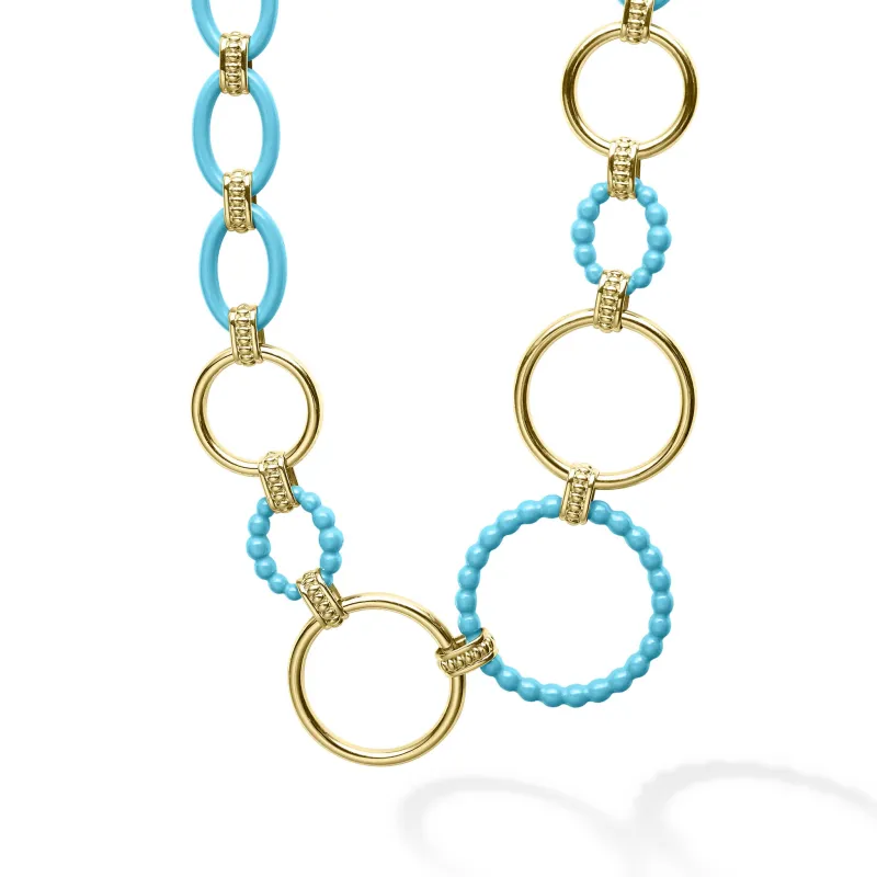 Meridian Long 18K Gold and Blue Ceramic Link Necklace made by LAGOS
