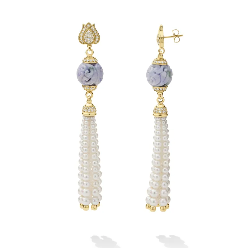 SML 18K Gold Lavender Jade and Pearl Tassel Earring made by LAGOS