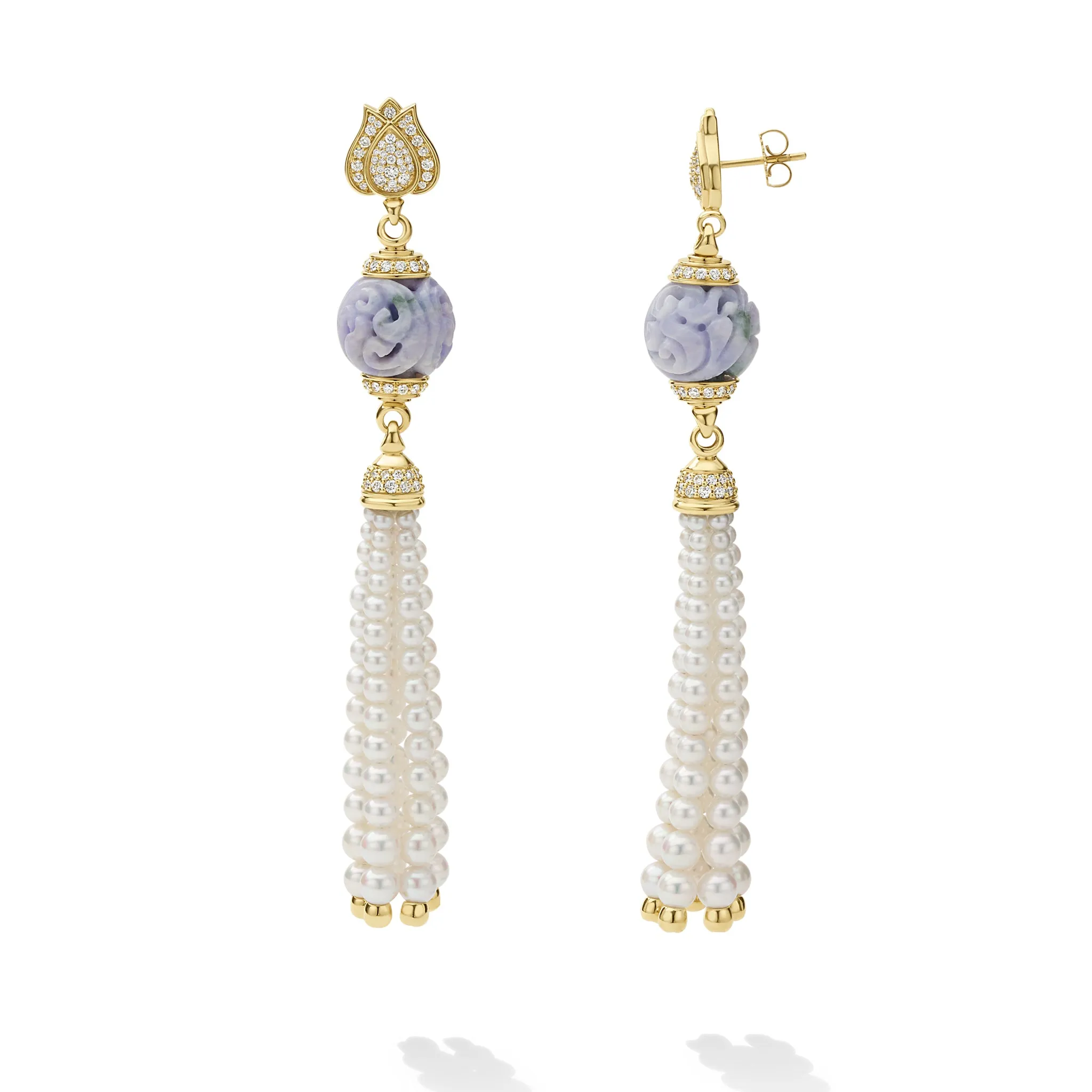 SML 18K Gold Lavender Jade and Pearl Tassel Earring sold by LAGOS