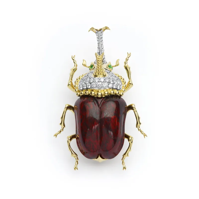 Rare Wonders 18K Gold Iddingsite and Diamond Hercules Beetle Pin made by LAGOS
