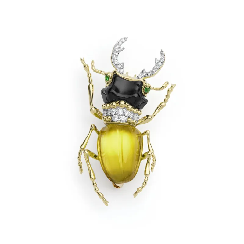 Rare Wonders 18K Gold Lemon Quartz and Onyx Stag Beetle Pin made by LAGOS