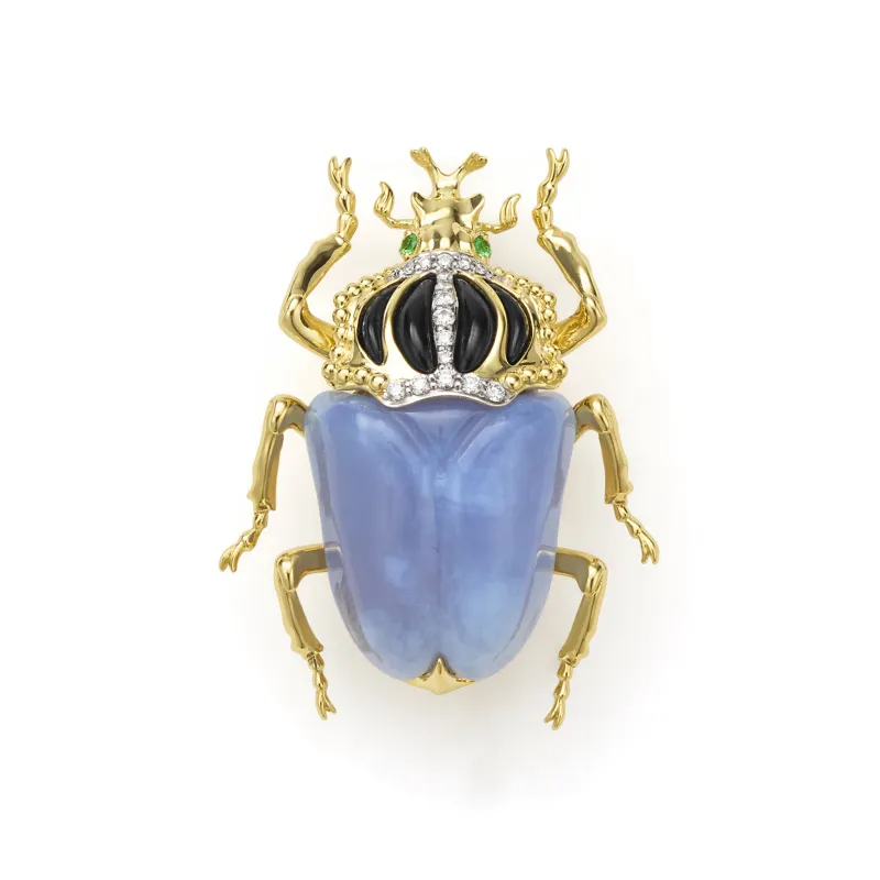 Rare Wonders 18K Gold Blue Chalcedony and Onyx Goliath Beetle Pin made by LAGOS