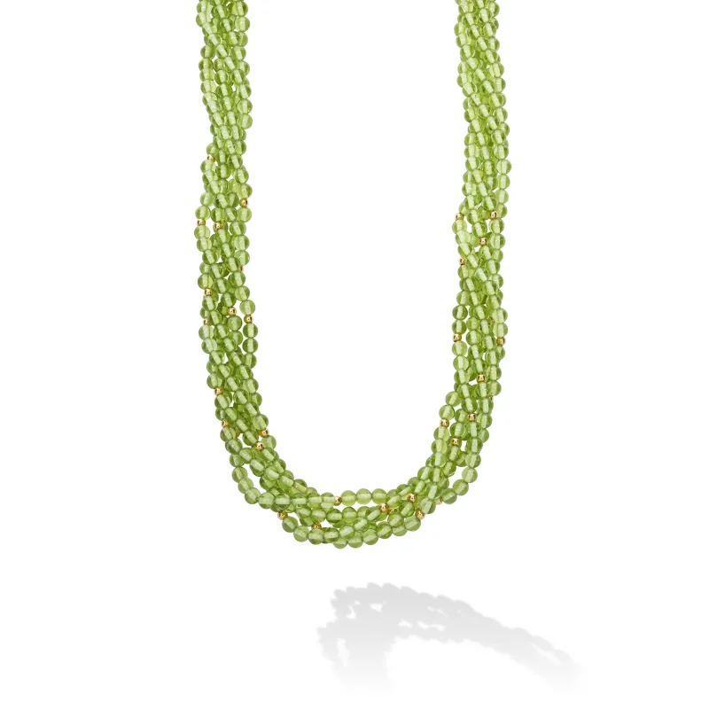 Caviar Color Peridot and 18k Gold Beaded Torsade Five Strand Necklace made by LAGOS