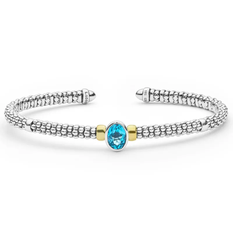 Signature Caviar Two-Tone Swiss Blue Topaz Oval Mini Versa Torque Bracelet | 3mm made by LAGOS