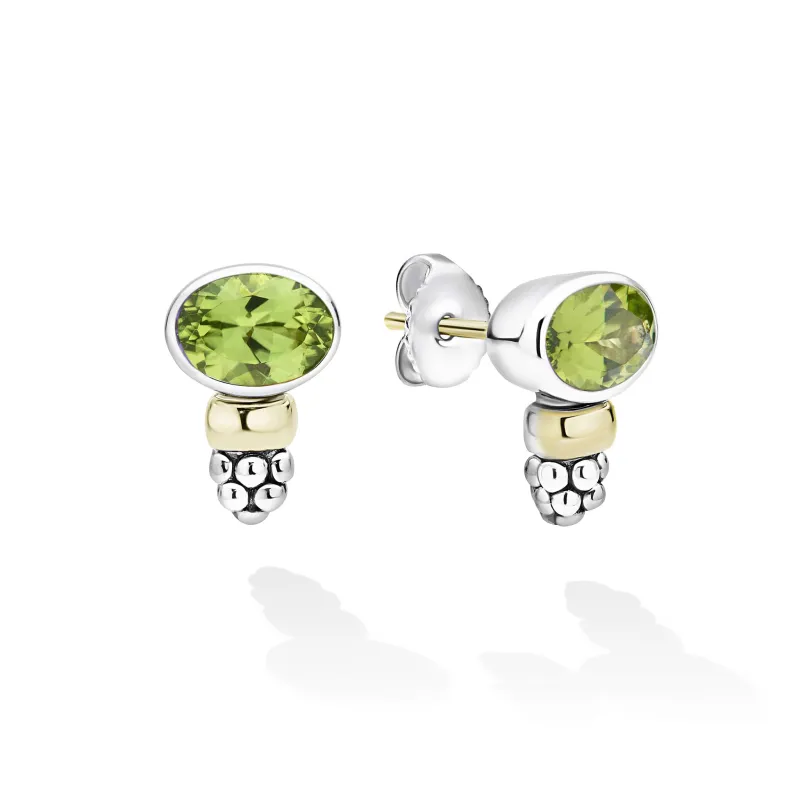 Signature Caviar Two-Tone Peridot Oval Stud Earrings made by LAGOS