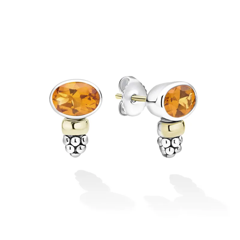 Signature Caviar Two-Tone Citrine Oval Stud Earrings made by LAGOS