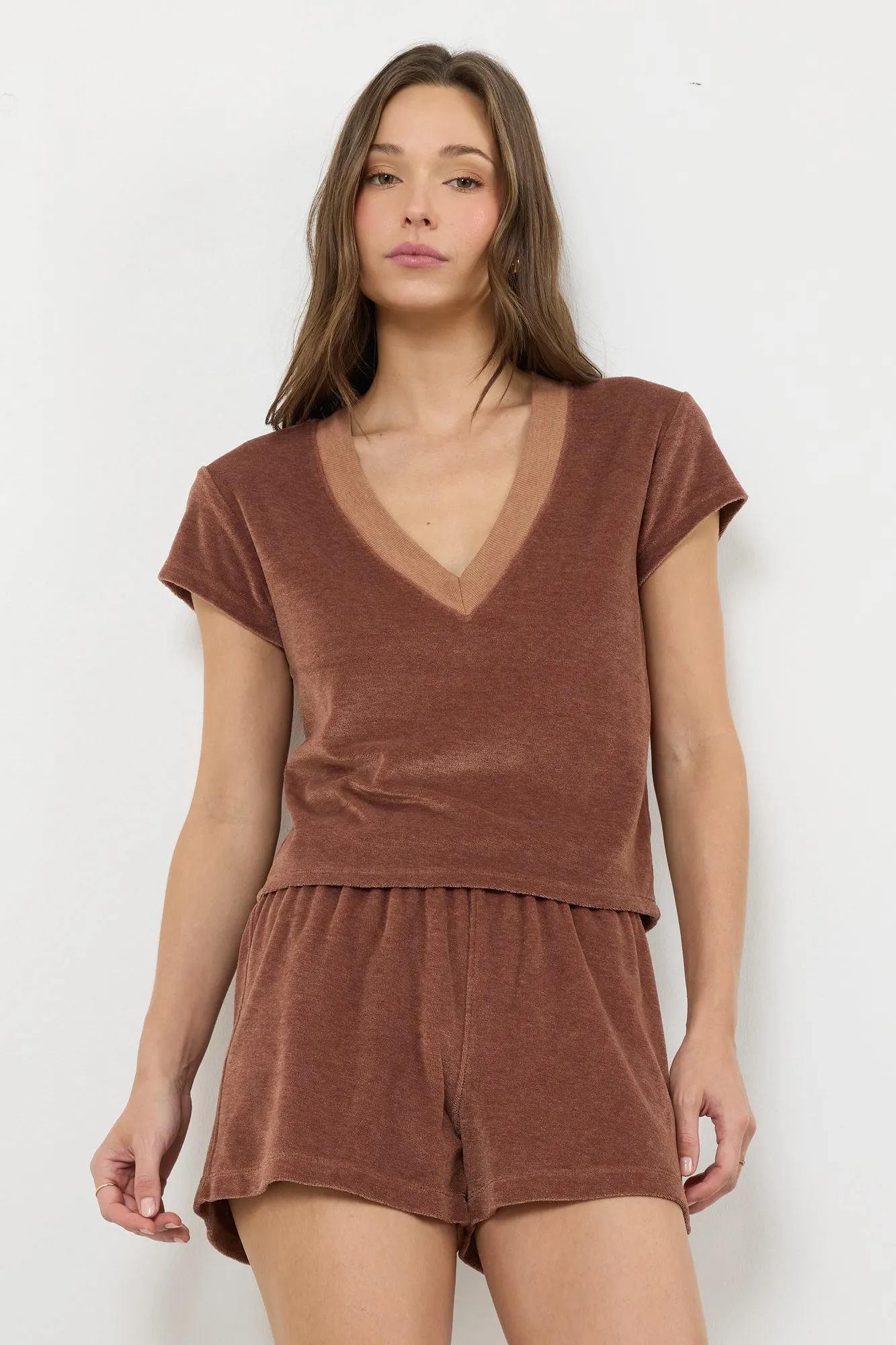 SURI DEEP “V” CAP SLEEVE VELOUR TEE sold by LAmade product image thumbnail 4