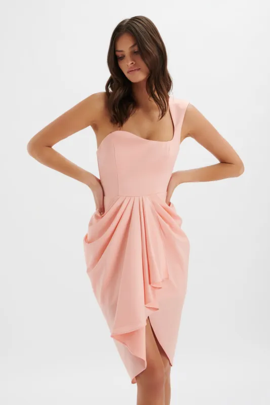 LUCIANA Curved One Shoulder Midi Dress In Coral Satin sold by Lavish Alice